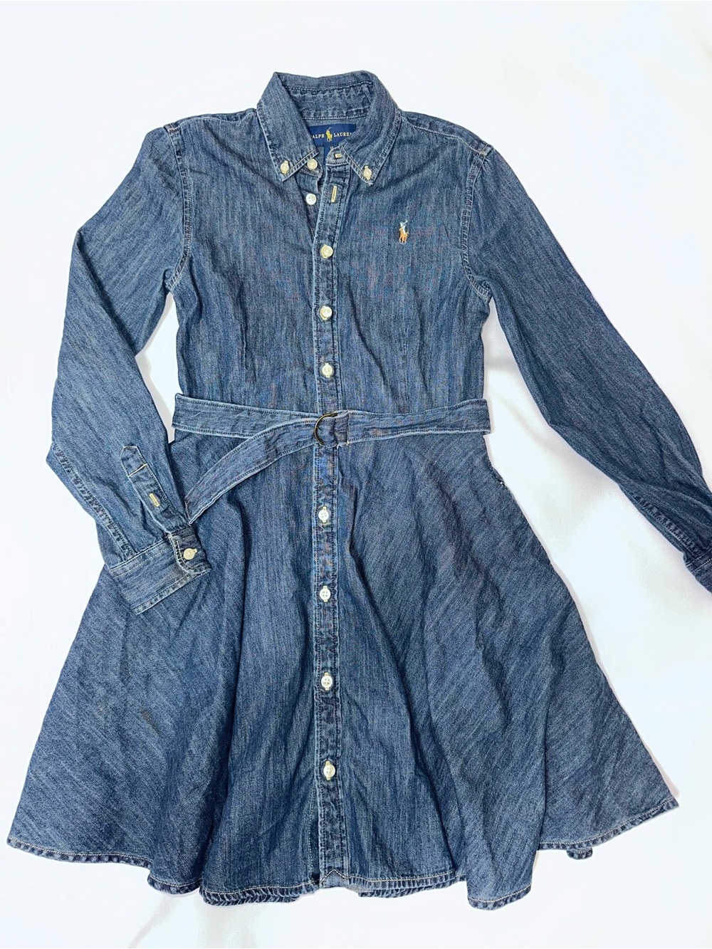 Ralph Lauren Girls belted Denim Shirt Dress Blue size 12 button front classic